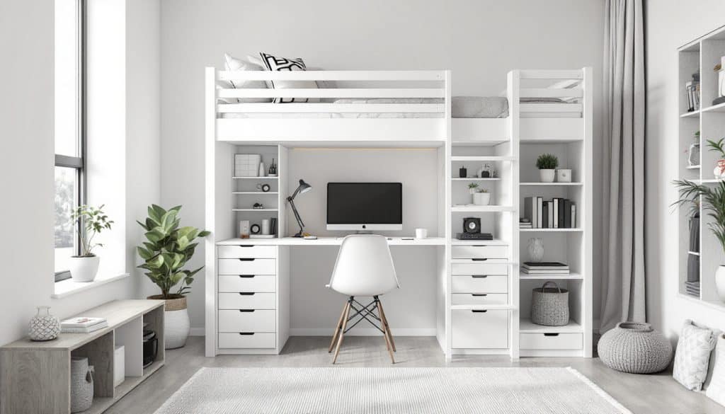 lit mezzanine blanc avec bureau intégré, optimisez l'espace et bénéficiez d'un rangement pratique pour une chambre fonctionnelle et élégante.