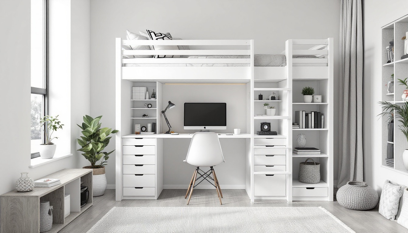 lit mezzanine blanc avec bureau intégré, optimisez l'espace et bénéficiez d'un rangement pratique pour une chambre fonctionnelle et élégante.